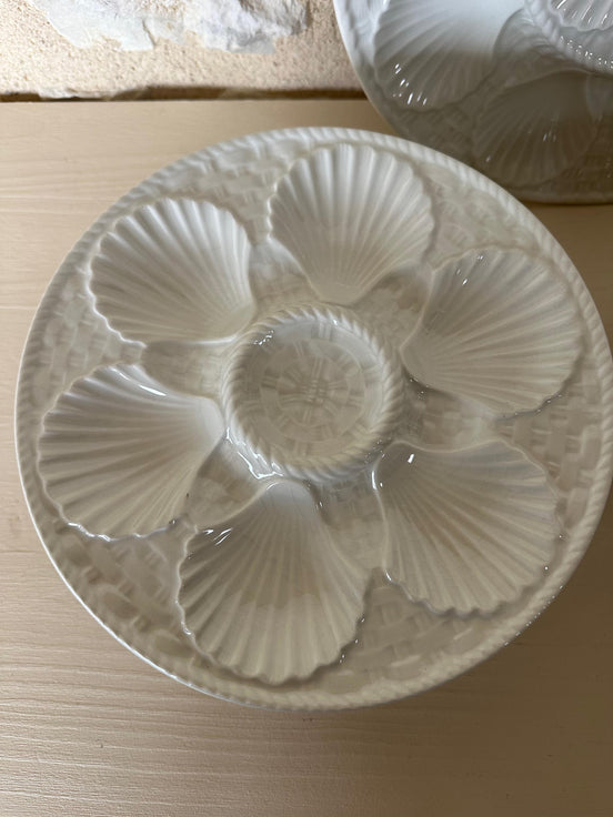 Rare Vintage French White Longchamp Oyster Plates & Server