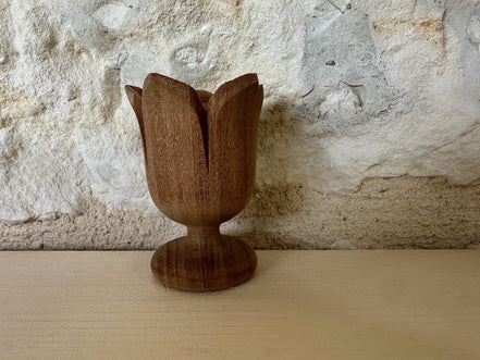 Vintage Hand Carved Floral Wooden Egg Cup with Egg