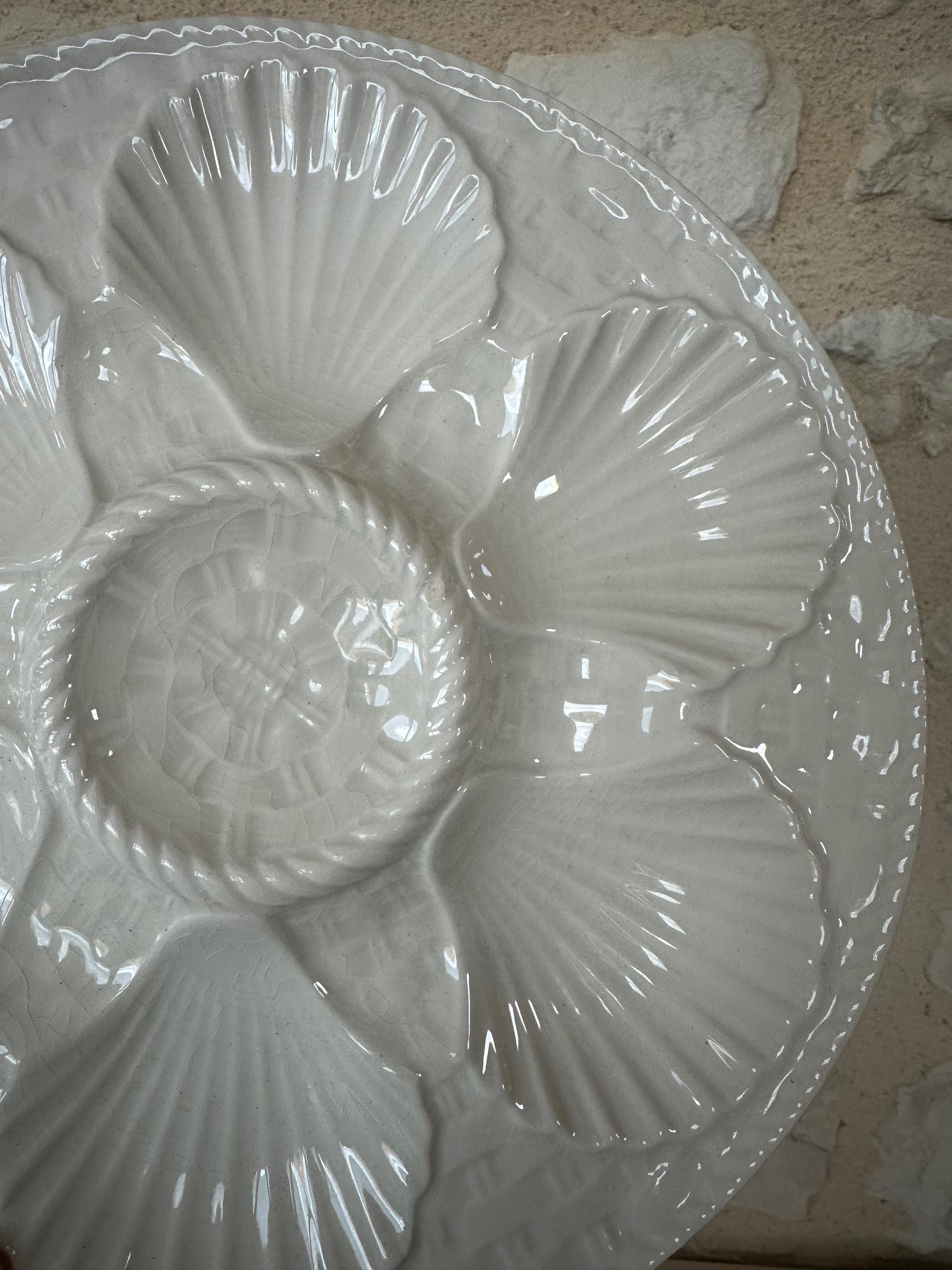 Rare Vintage Set of 5 French White Longchamp Oyster Plates