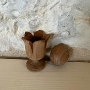Vintage Hand Carved Floral Wooden Egg Cup with Egg