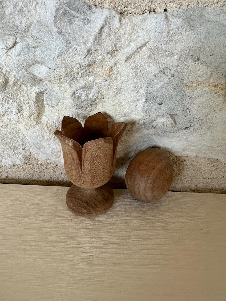 Vintage Hand Carved Floral Wooden Egg Cup with Egg