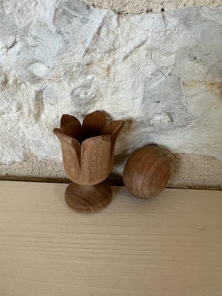 Vintage Hand Carved Floral Wooden Egg Cup with Egg