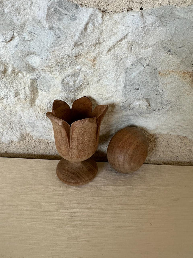 Vintage Hand Carved Floral Wooden Egg Cup with Egg
