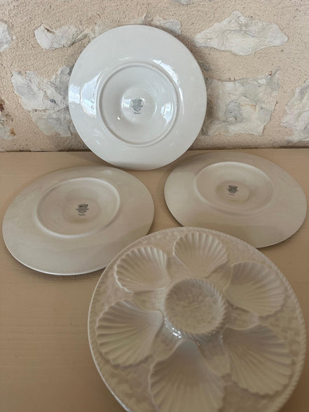 Rare Vintage Set of 5 French White Longchamp Oyster Plates
