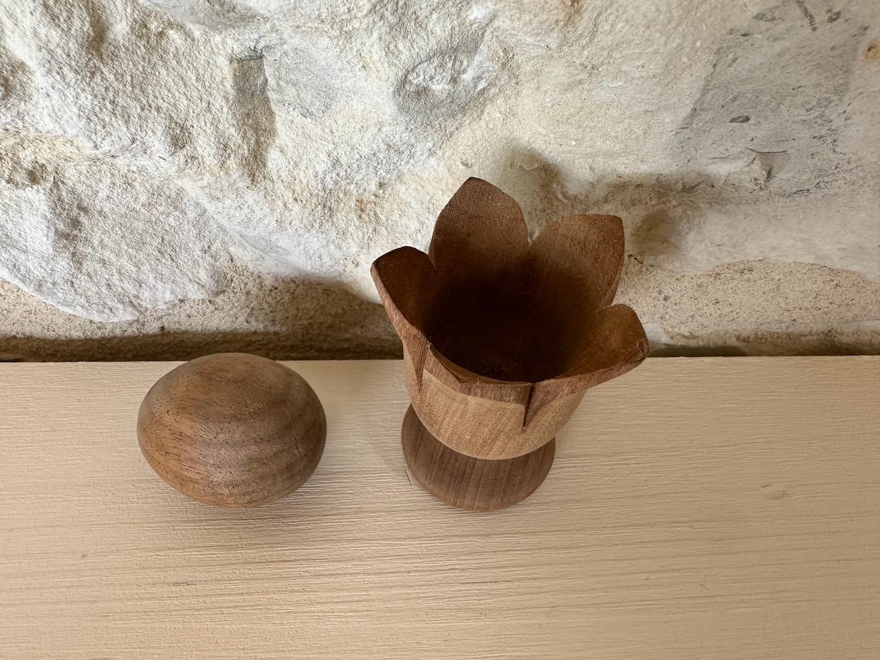 Vintage Hand Carved Floral Wooden Egg Cup with Egg