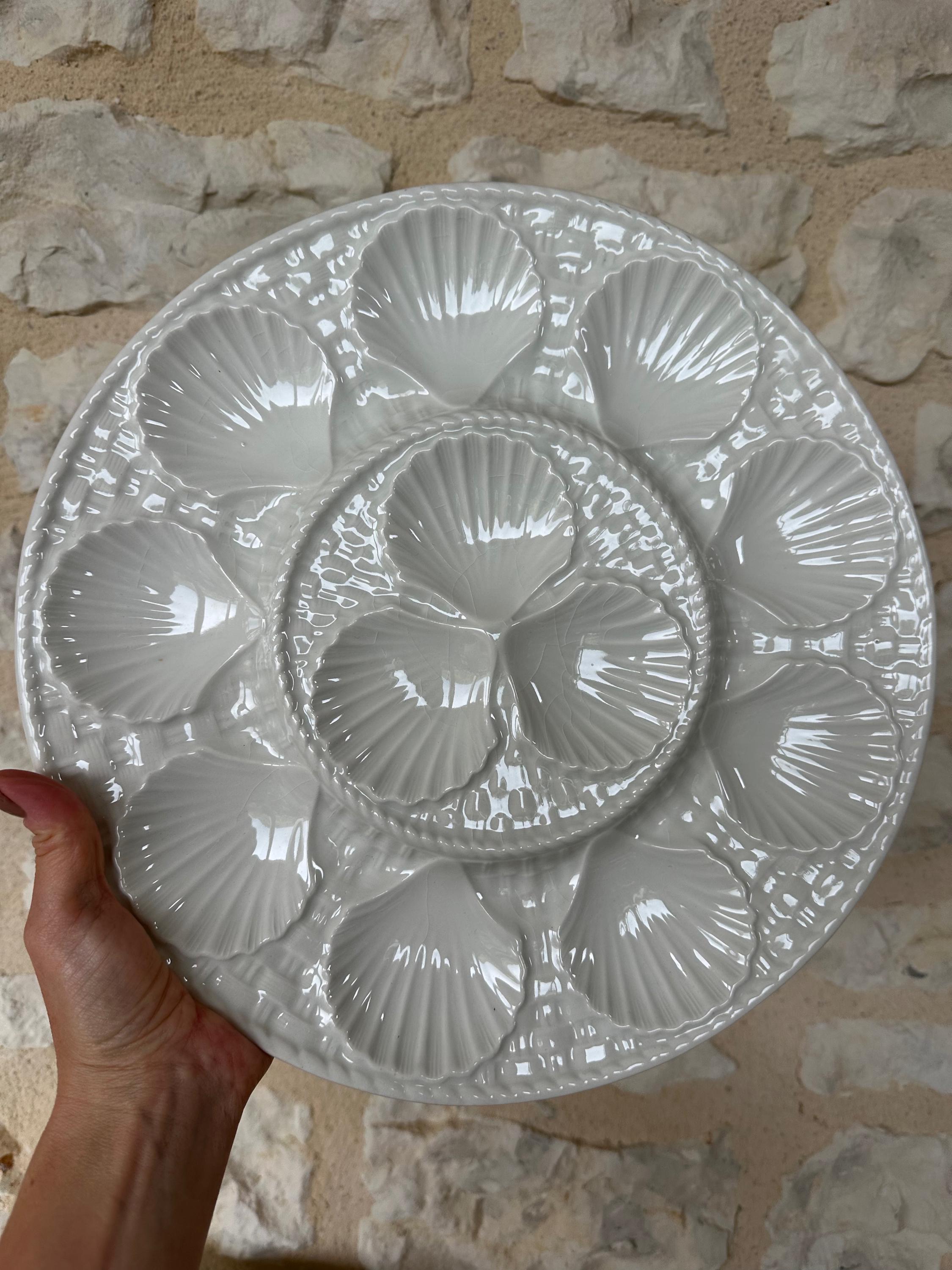 Rare Vintage French White Longchamp Oyster Plates & Server