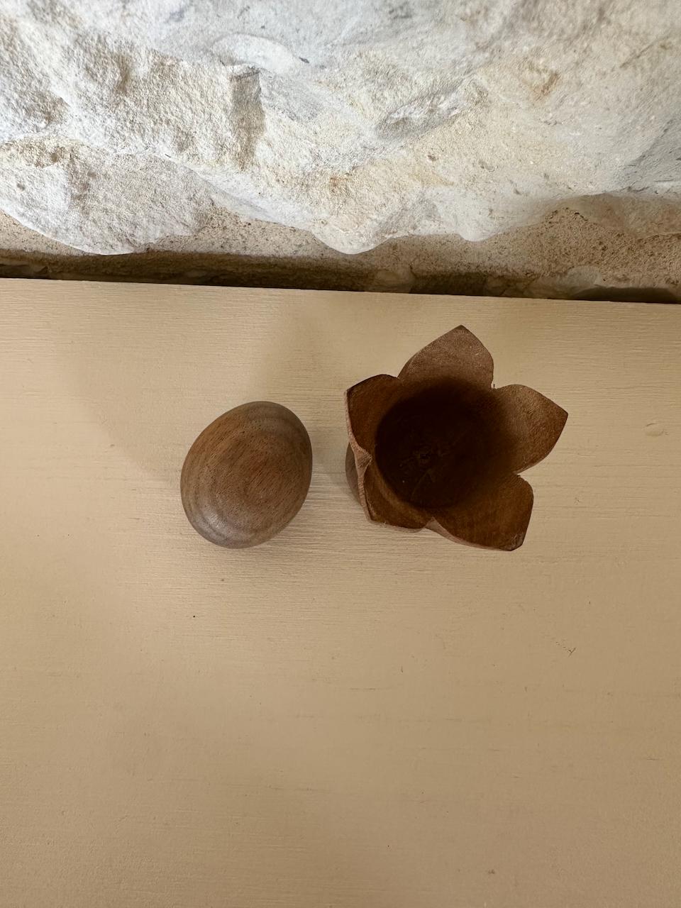 Vintage Hand Carved Floral Wooden Egg Cup with Egg