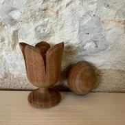 Vintage Hand Carved Floral Wooden Egg Cup with Egg