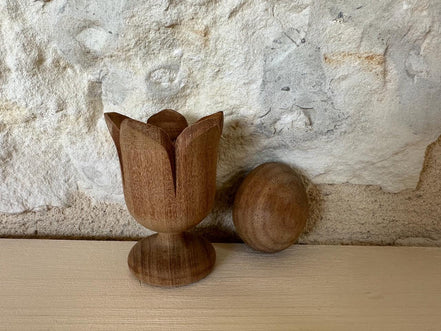 Vintage Hand Carved Floral Wooden Egg Cup with Egg