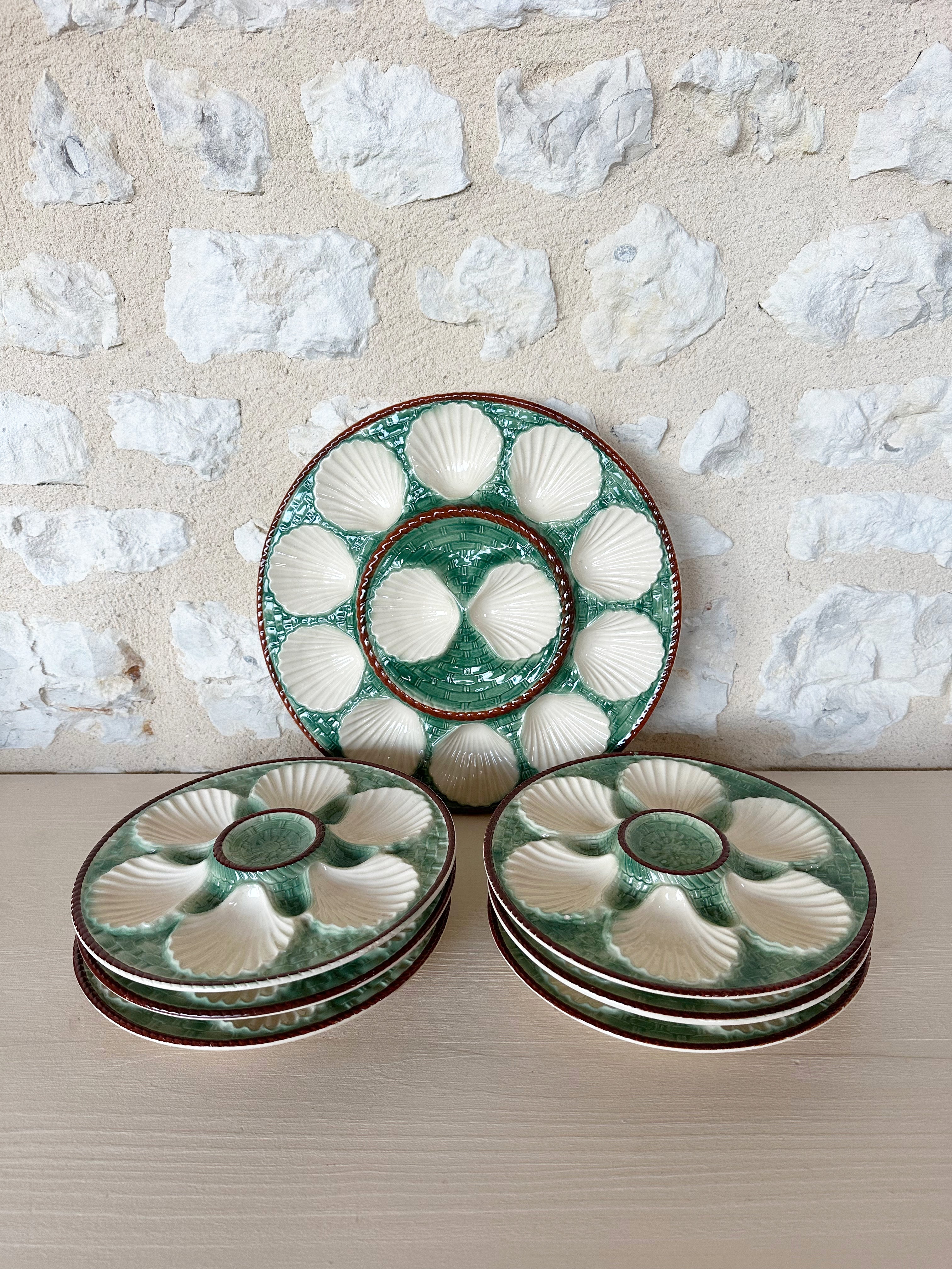 Vintage French Longchamp Oyster Plates & Server From the Mid 1900s