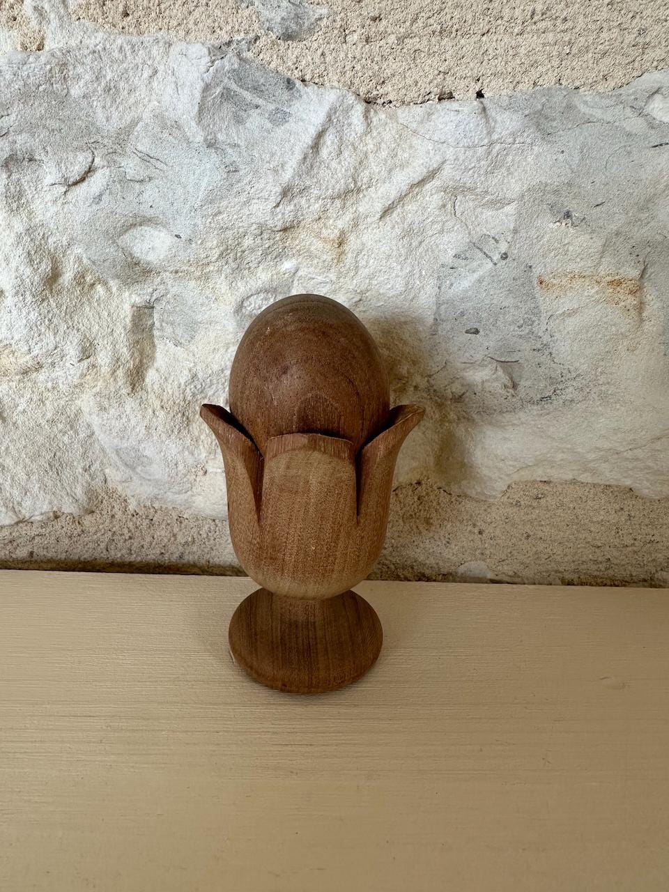 Vintage Hand Carved Floral Wooden Egg Cup with Egg