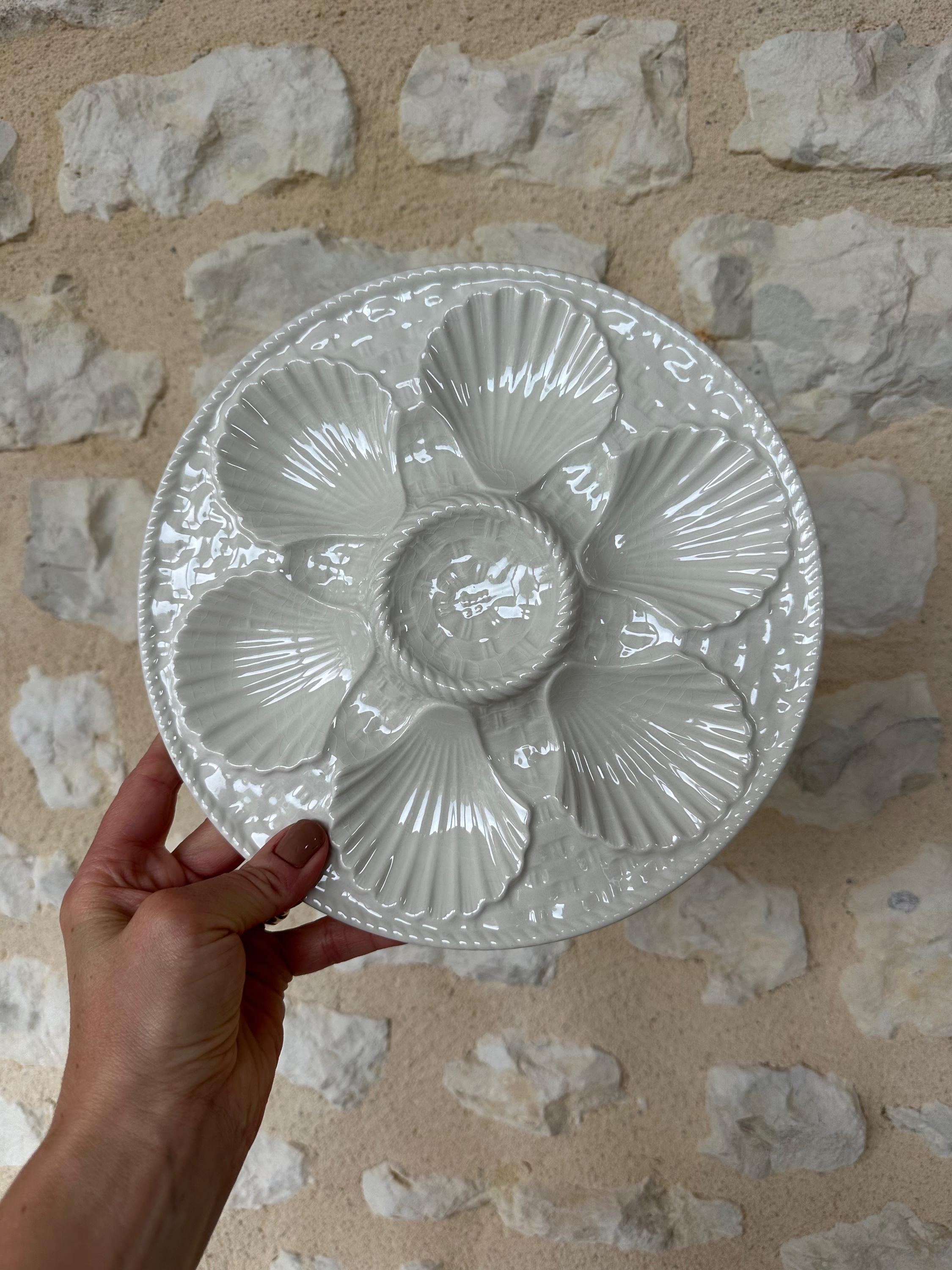 Rare Vintage French White Longchamp Oyster Plates & Server