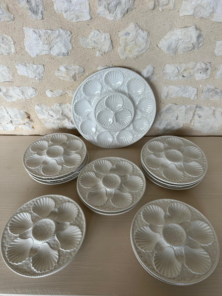 Rare Vintage French White Longchamp Oyster Plates & Server