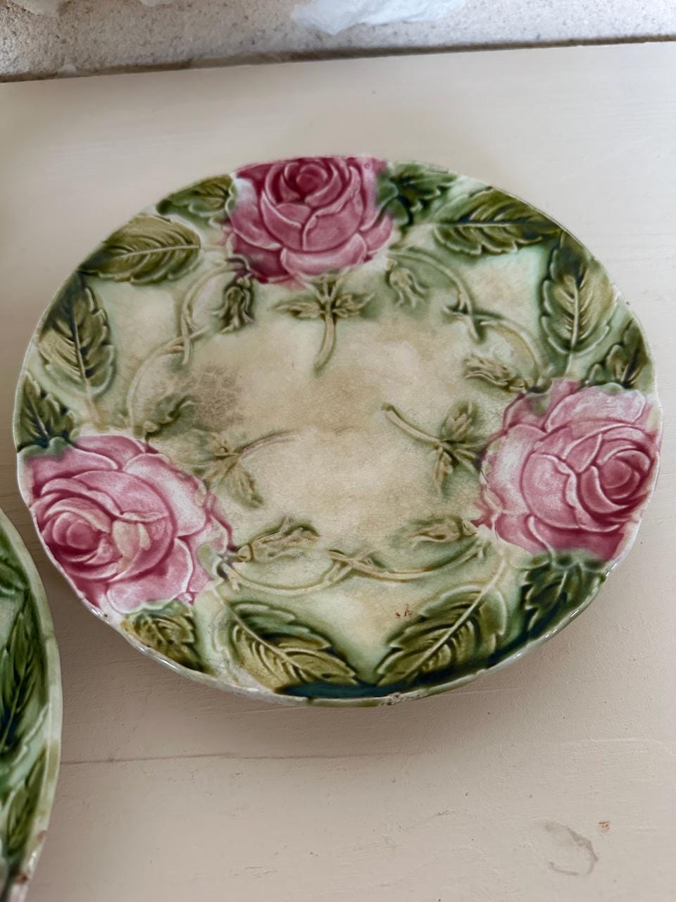 Barbotine Rose Cake Stand & Two Plates