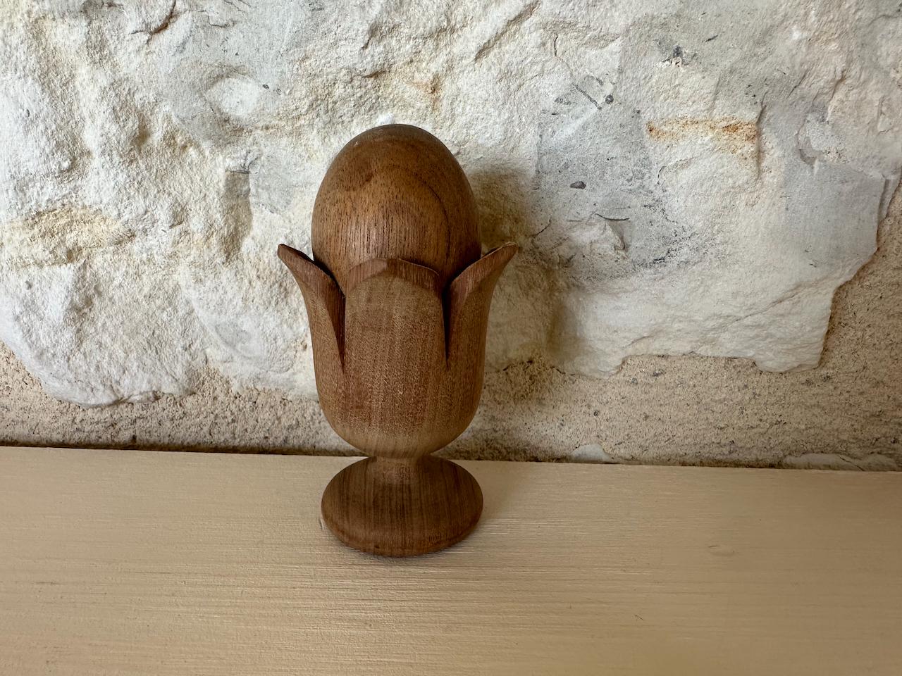 Vintage Hand Carved Floral Wooden Egg Cup with Egg