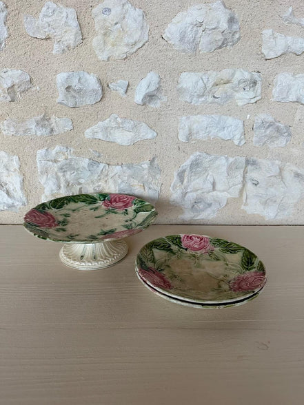 Barbotine Rose Cake Stand & Two Plates