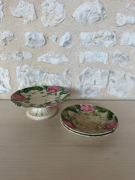 Barbotine Rose Cake Stand & Two Plates