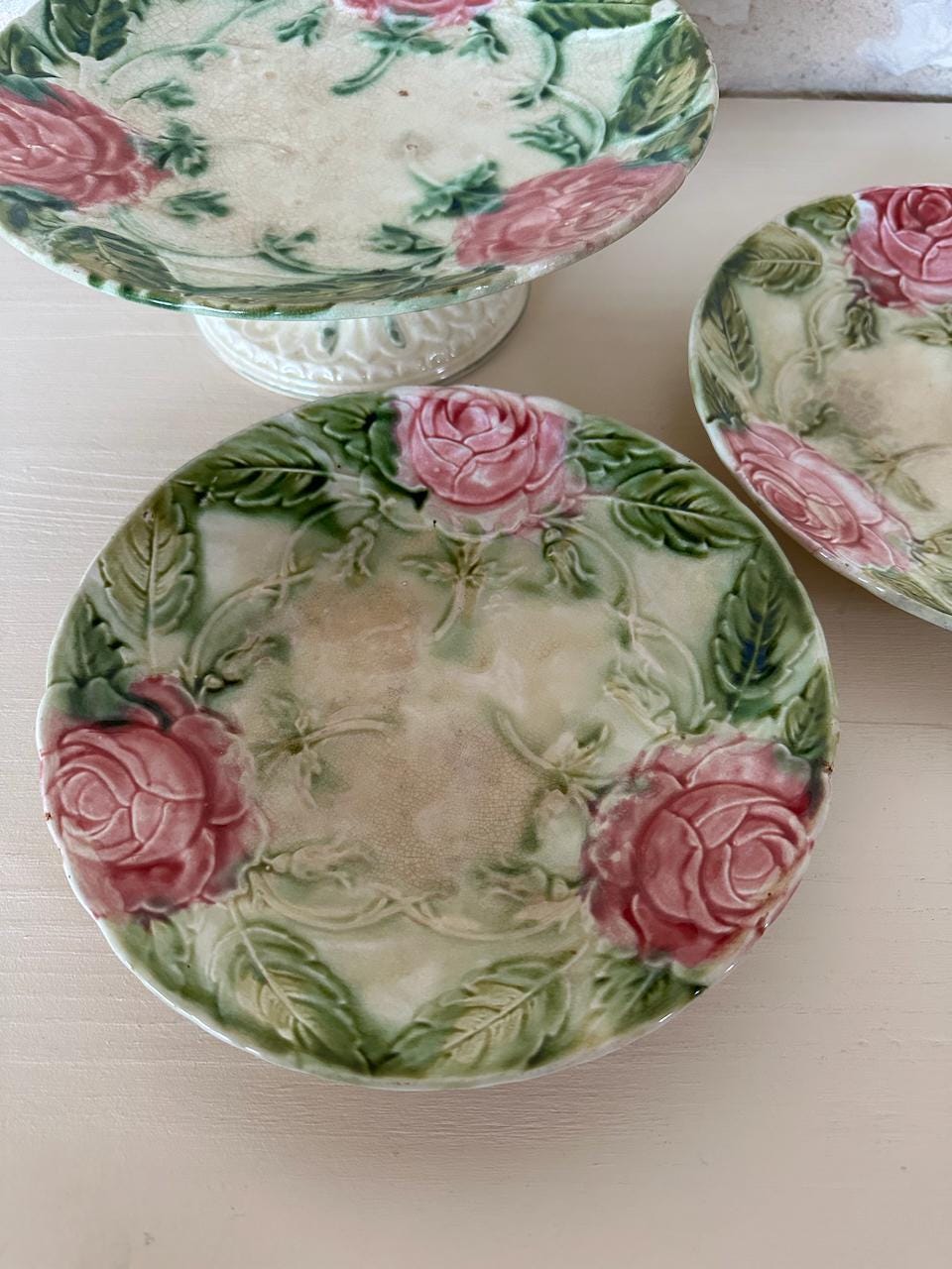 Barbotine Rose Cake Stand & Two Plates