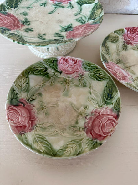 Barbotine Rose Cake Stand & Two Plates